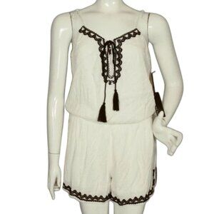 new LULUS Romper, L, White/Black Embroidery, Spag Straps, Summer, Elastic Waist
